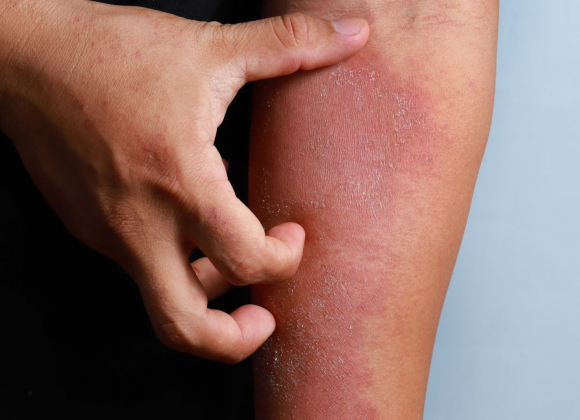 Close up of hand scratching atopic dermatitis on arm