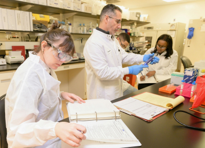 Four scientists at the lab bench